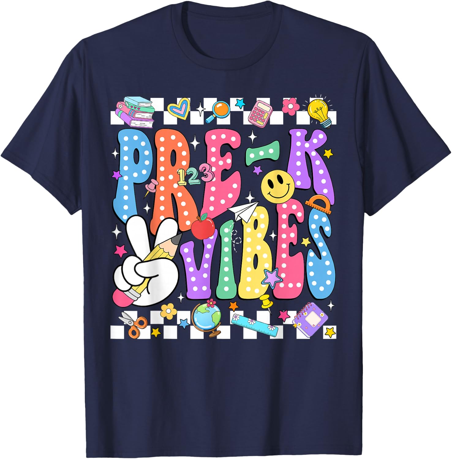 Groovy Pre-K Vibes Back to School Preschool Teacher Kids T-Shirt - T-Shirt | Navy