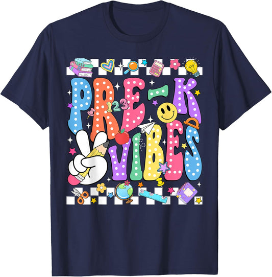 Groovy Pre-K Vibes Back to School Preschool Teacher Kids T-Shirt - T-Shirt | Navy
