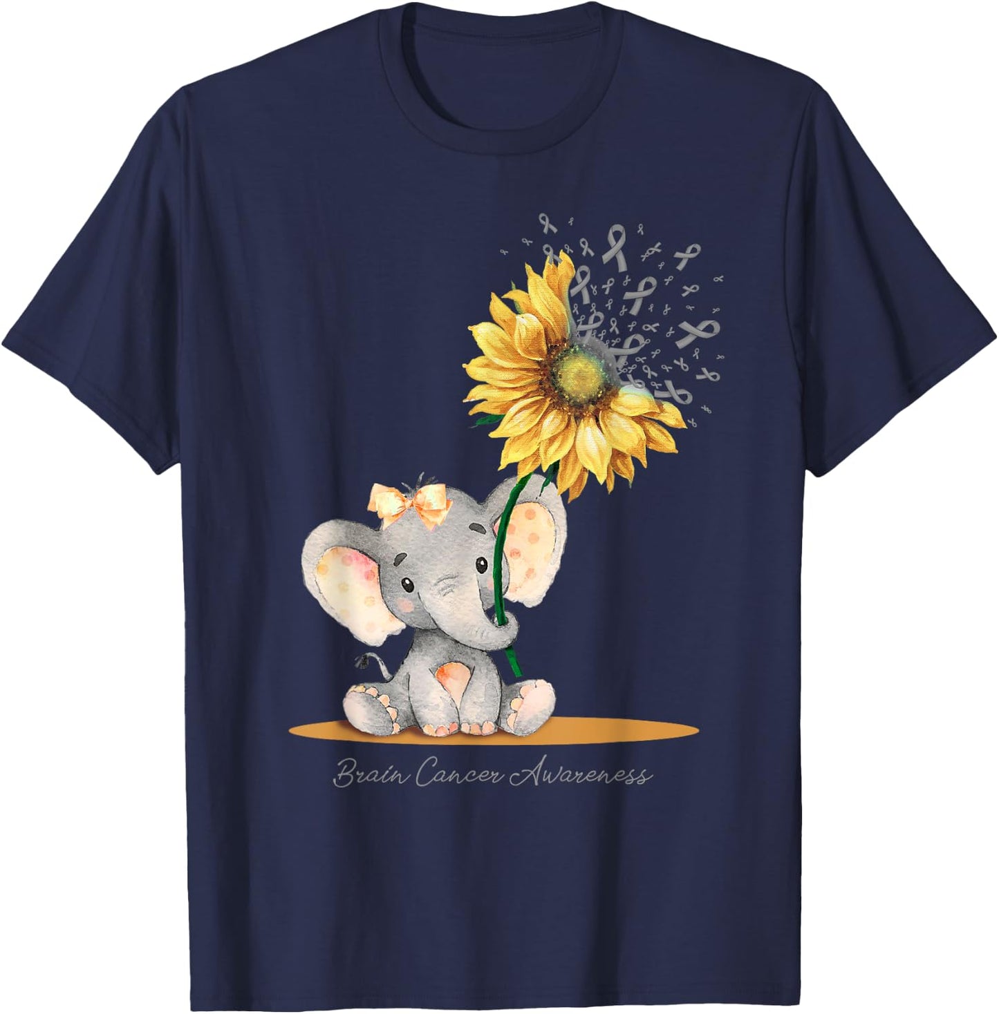 BRAIN CANCER AWARENESS Cute Elephant Sunflower Gray Ribbon T-Shirt - T-Shirt | Navy
