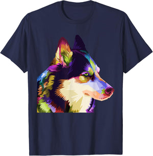 Husky Colorful Pop Art Portrait For Dog Owners Chukcha Sibe Men Women Girls Kids T-Shirt - T-Shirt | Navy