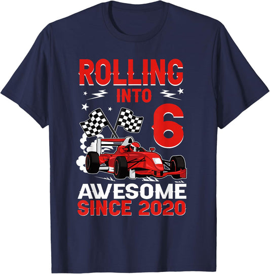 Rolling Into 6 Awesome Since 2020 Race Car 6th Birthday T-Shirt - T-Shirt | Navy