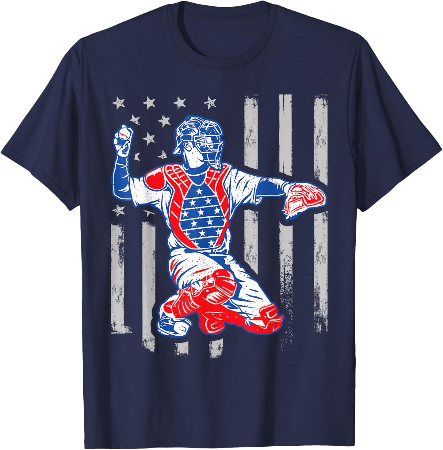 American Baseball Catcher USA Vintage Flag 4th of July Boys T-Shirt - T-Shirt | Navy