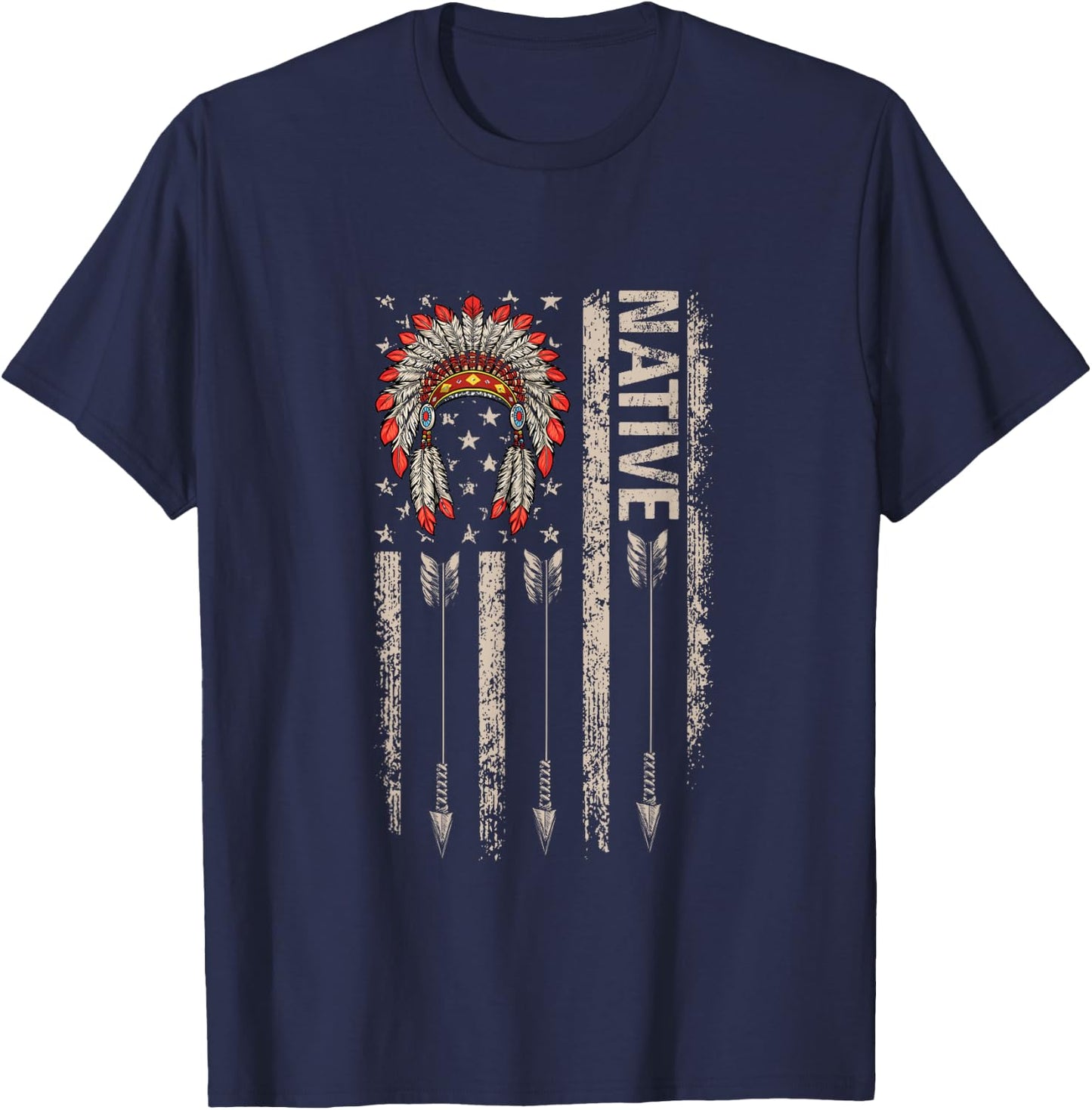 Cool Native American Feather Arrow Flag Headdress Indigenous T-Shirt - T-Shirt | Navy