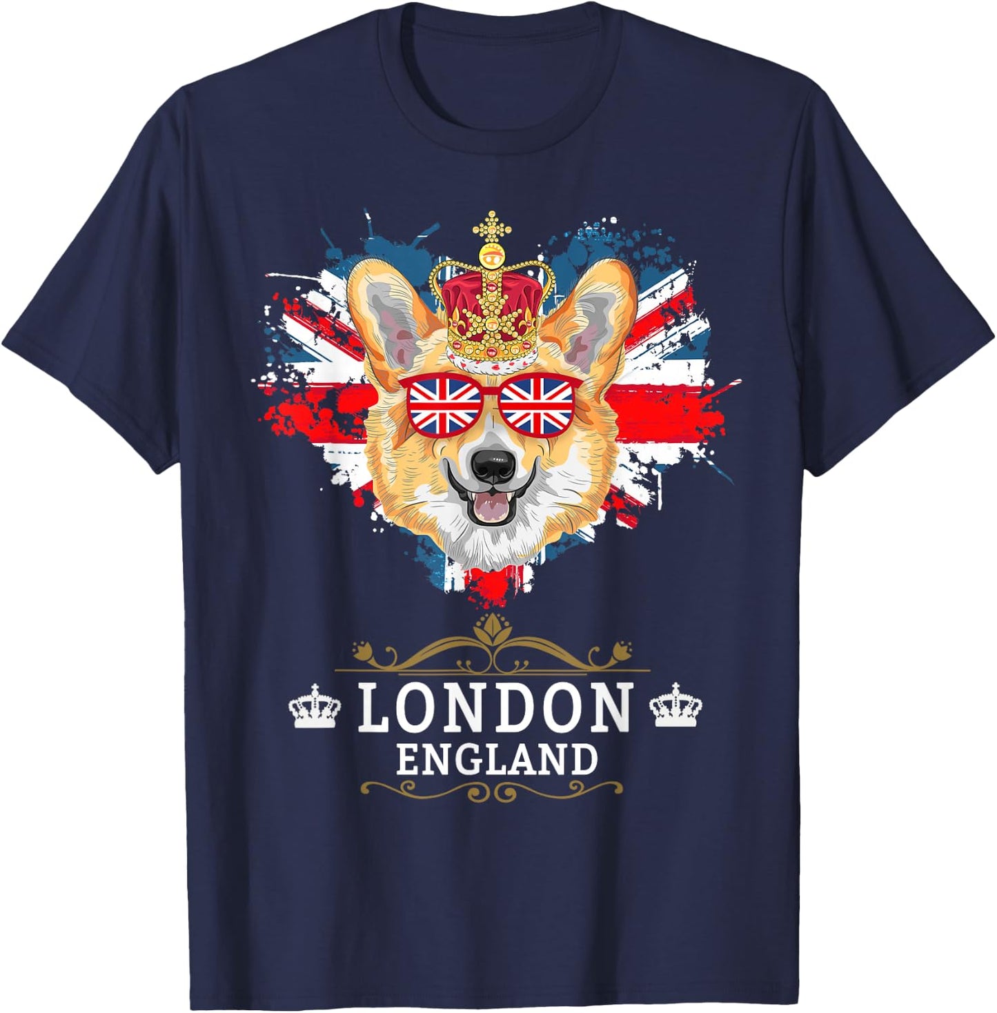 London Idea For Kids With Union Jack UK Flag & Corgi T-Shirt - T-Shirt | Navy