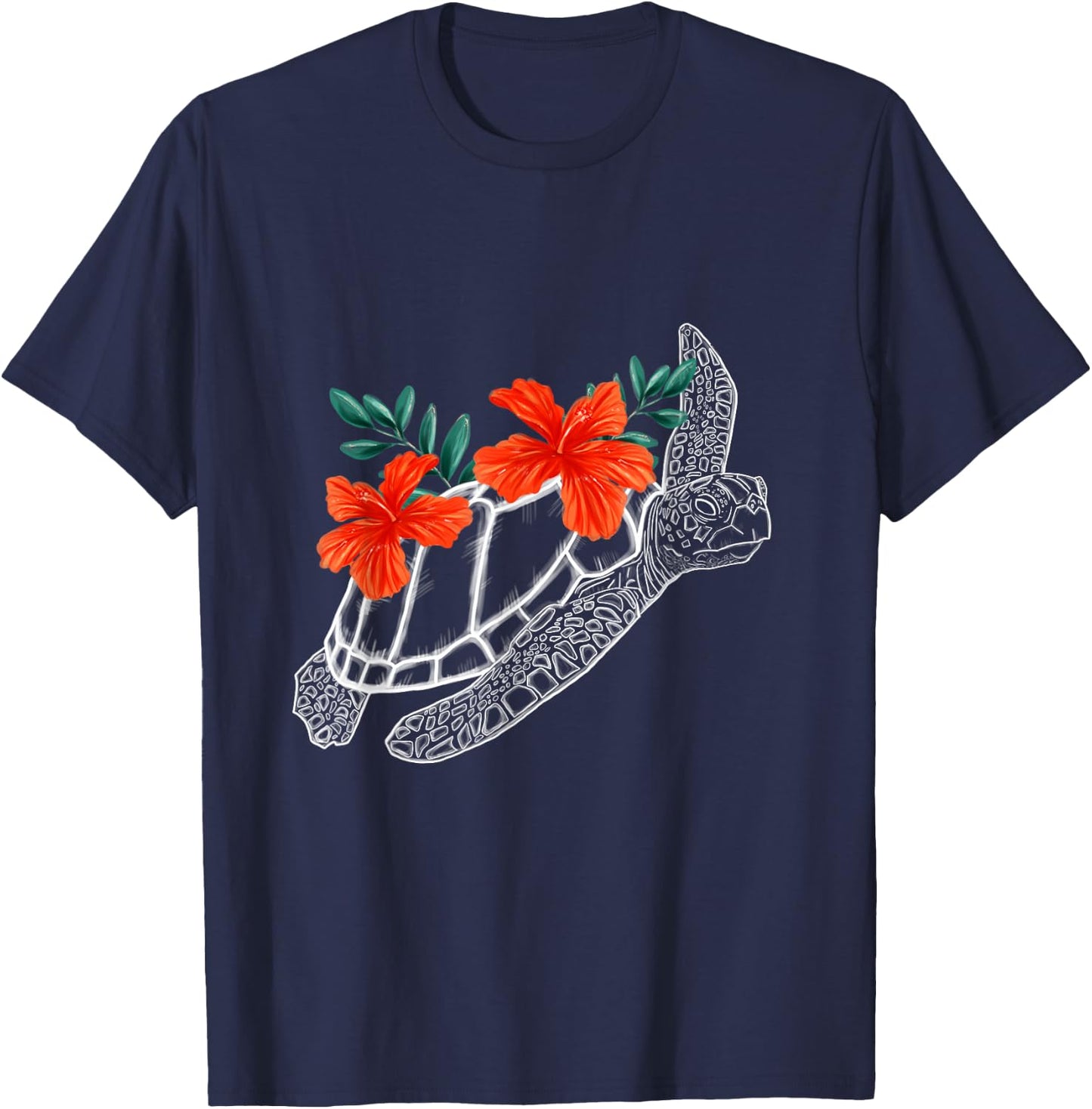 Tropical Sea Turtle Hibiscus Flowers T-Shirt - T-Shirt | Navy