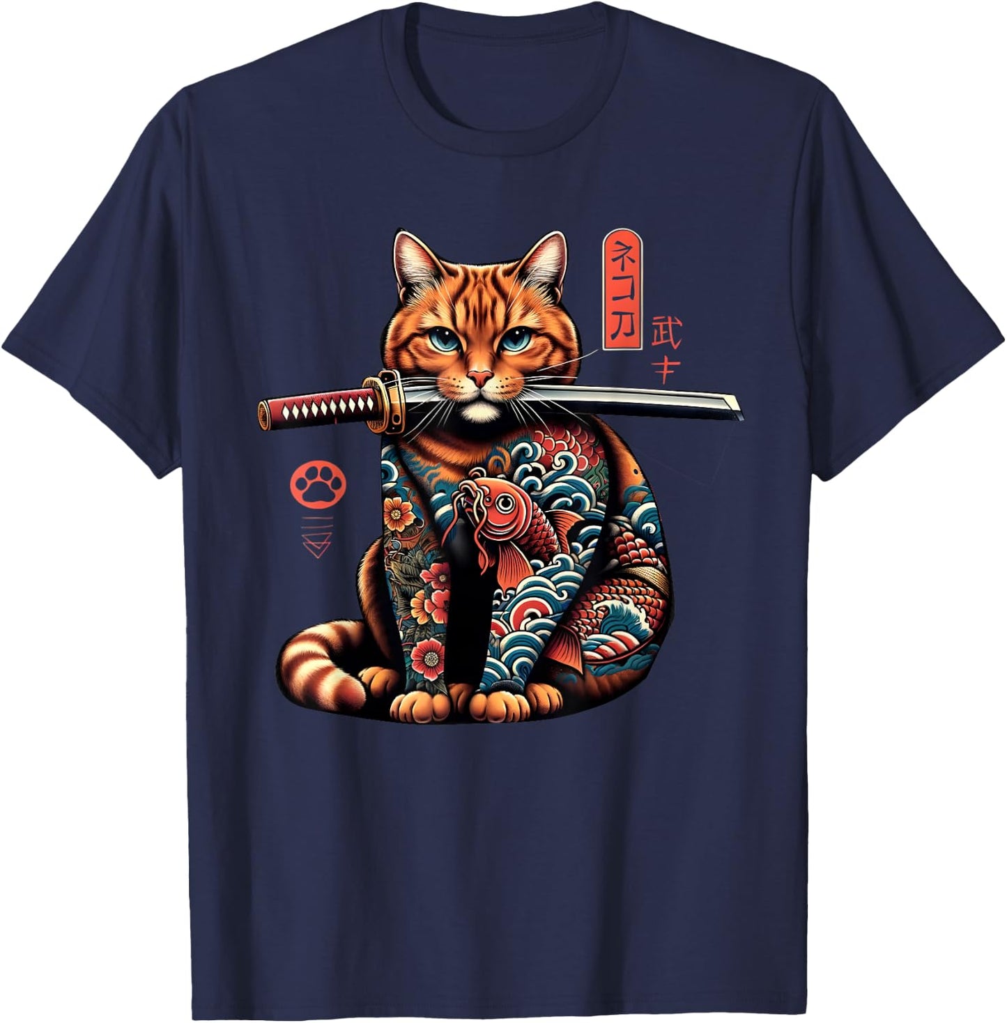 Japanese Samurai Ninja Cat Kawaii Tattoo Graphic Women T-Shirt - T-Shirt | Navy