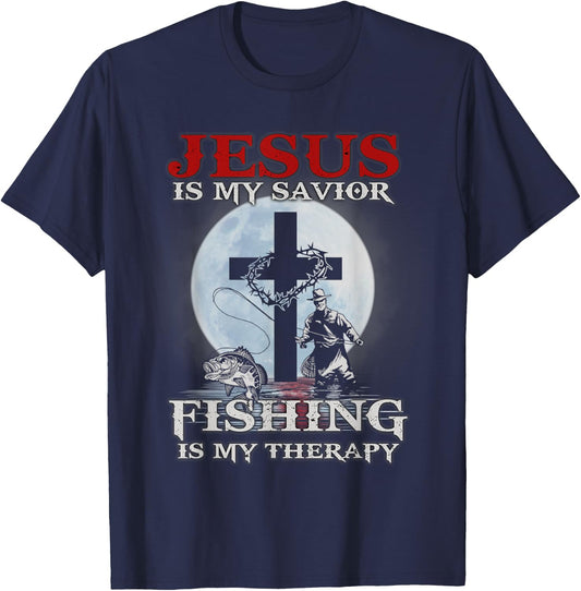 Jesus is My Savior Fishing Is My Therapy Fisherman Christian T-Shirt - T-Shirt | Navy
