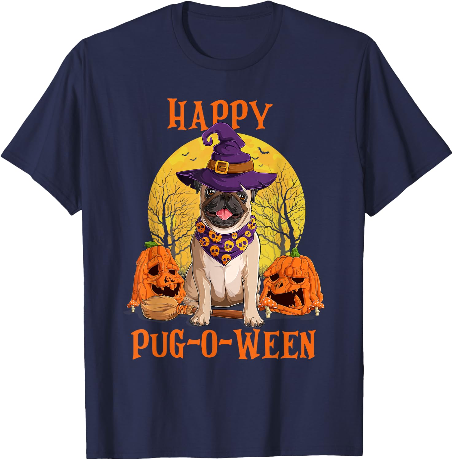 Funny Halloween Costumes for Pugs Lovers - Pumpkin Witch Pug T-Shirt - T-Shirt | Navy