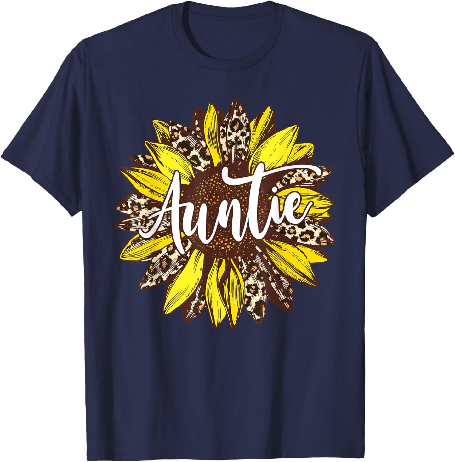 Auntie Leopard Print Sunflower Flower T-Shirt - T-Shirt | Navy