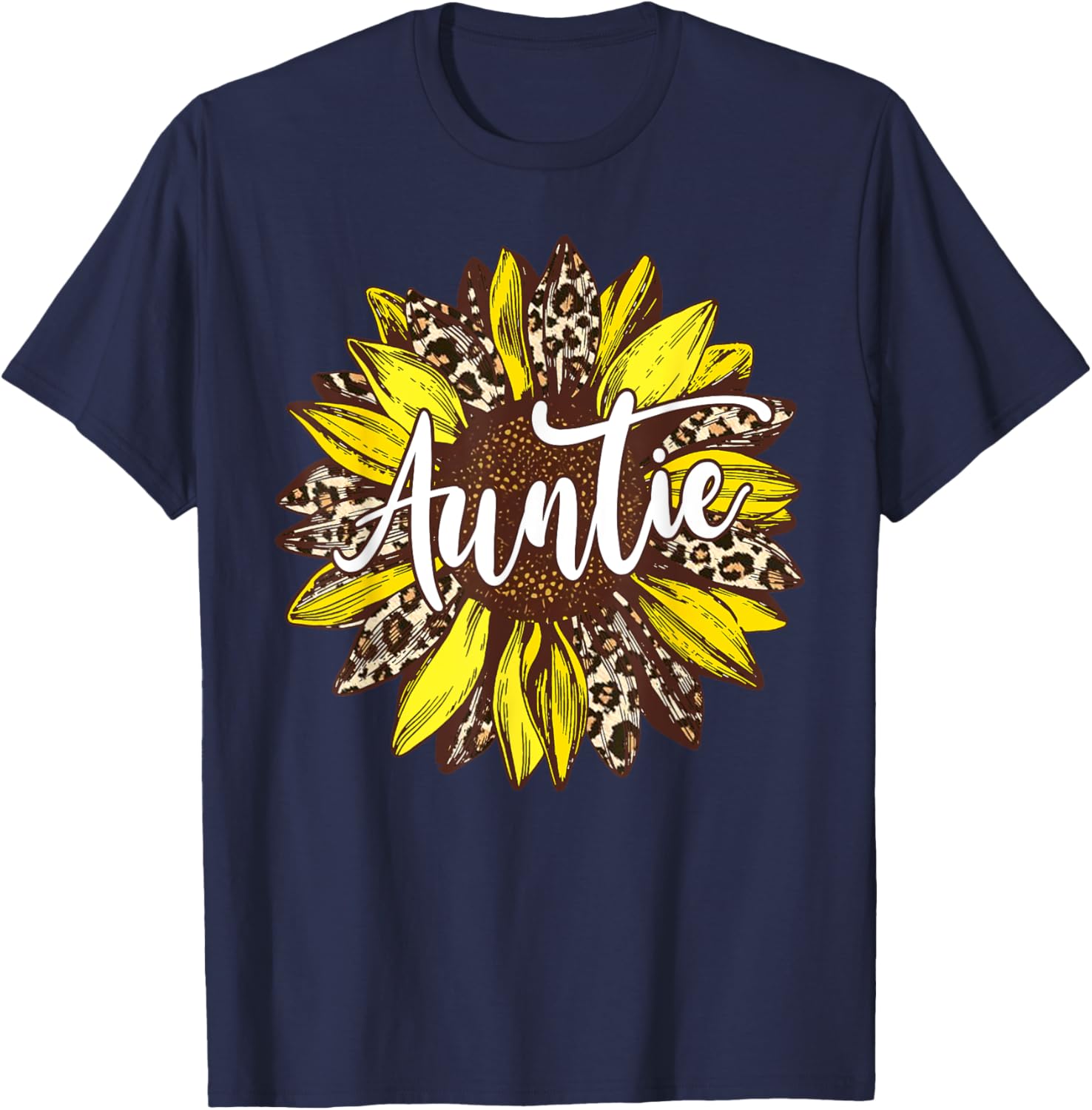 Auntie Leopard Print Sunflower Flower T-Shirt - T-Shirt | Navy