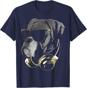 Boxer Dog WIth Sunglasses And Headphones T-Shirt - T-Shirt | Navy