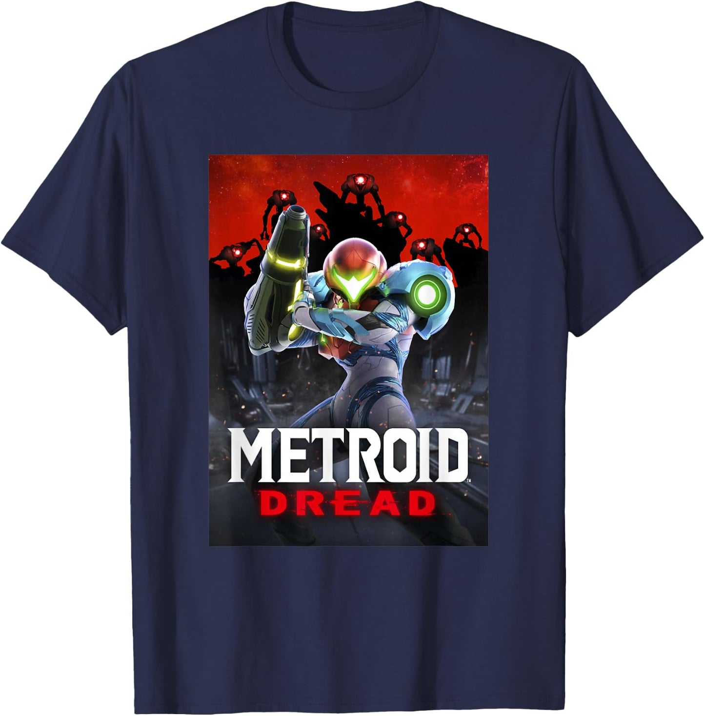 Metroid Dread Samus Surrounded Red Planet Battle Poster T-Shirt - T-Shirt | Navy