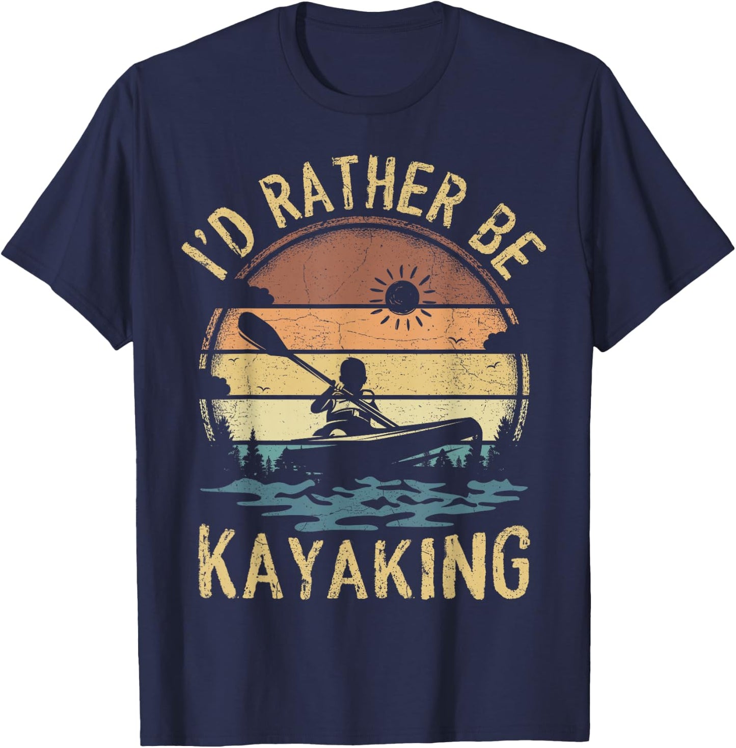 Retro Vintage Sunset Kayak Boating I'd Rather Be Kayaking T-Shirt - T-Shirt | Navy