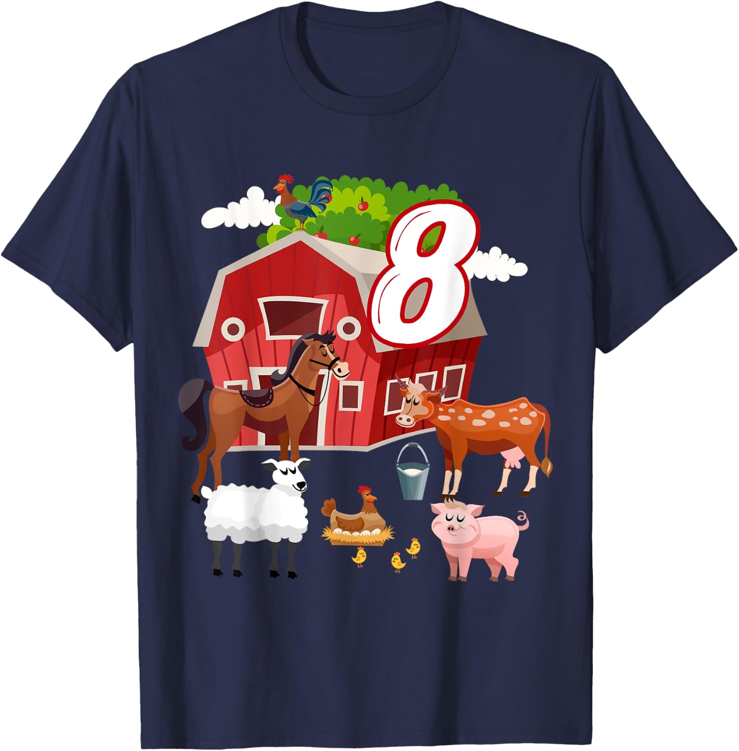 8th Birthday Farming Farm Animal 8 Year Old B-Day Party T-Shirt - T-Shirt | Navy