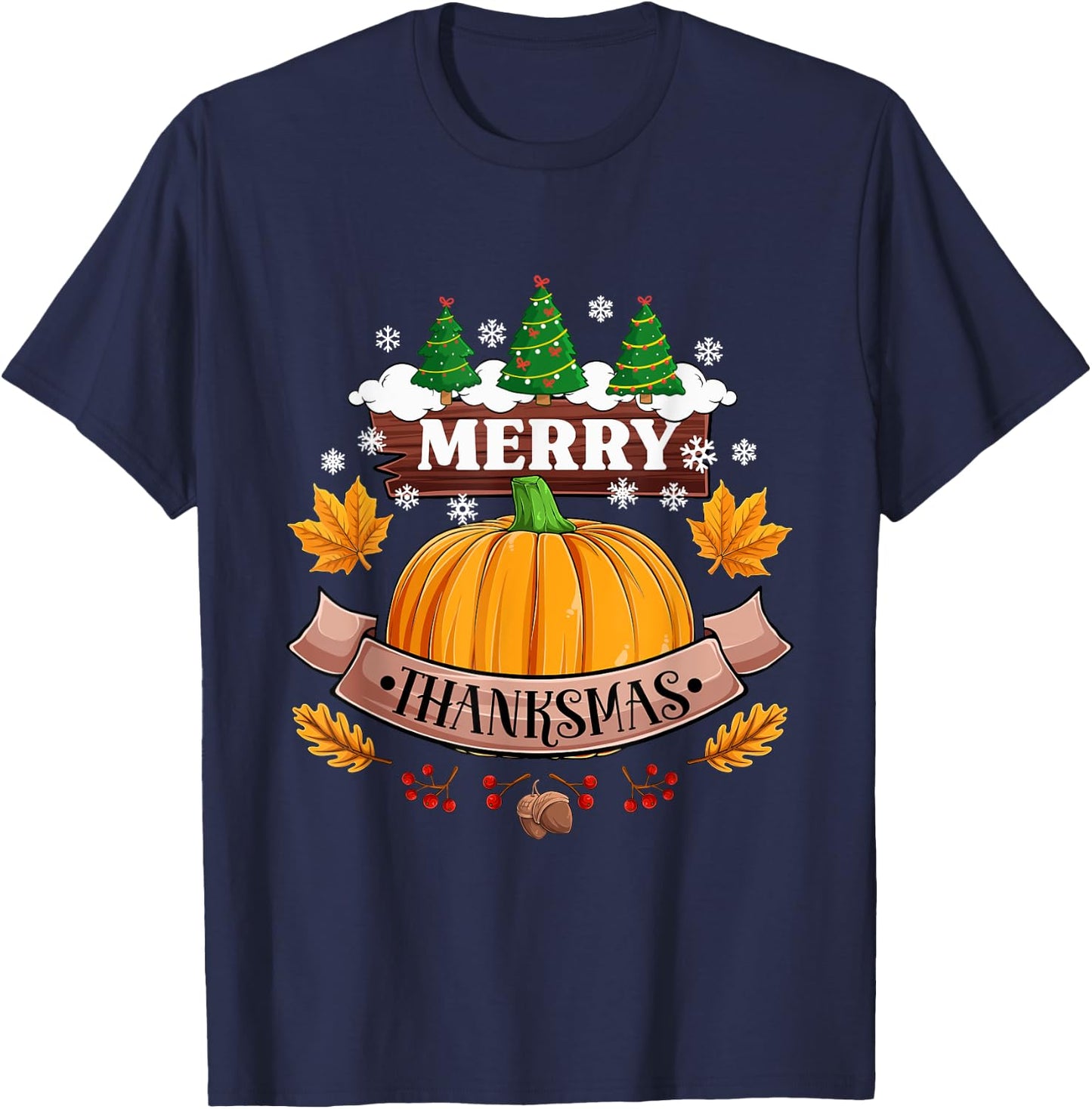 Funny Merry Thanksmas Festive Thanksgiving Christmas Pumpkin T-Shirt - T-Shirt | Navy