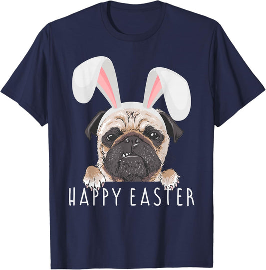 Happy Easter Ears Bunny Funny Pajama Dress Pug Party Rabbit T-Shirt - T-Shirt | Navy