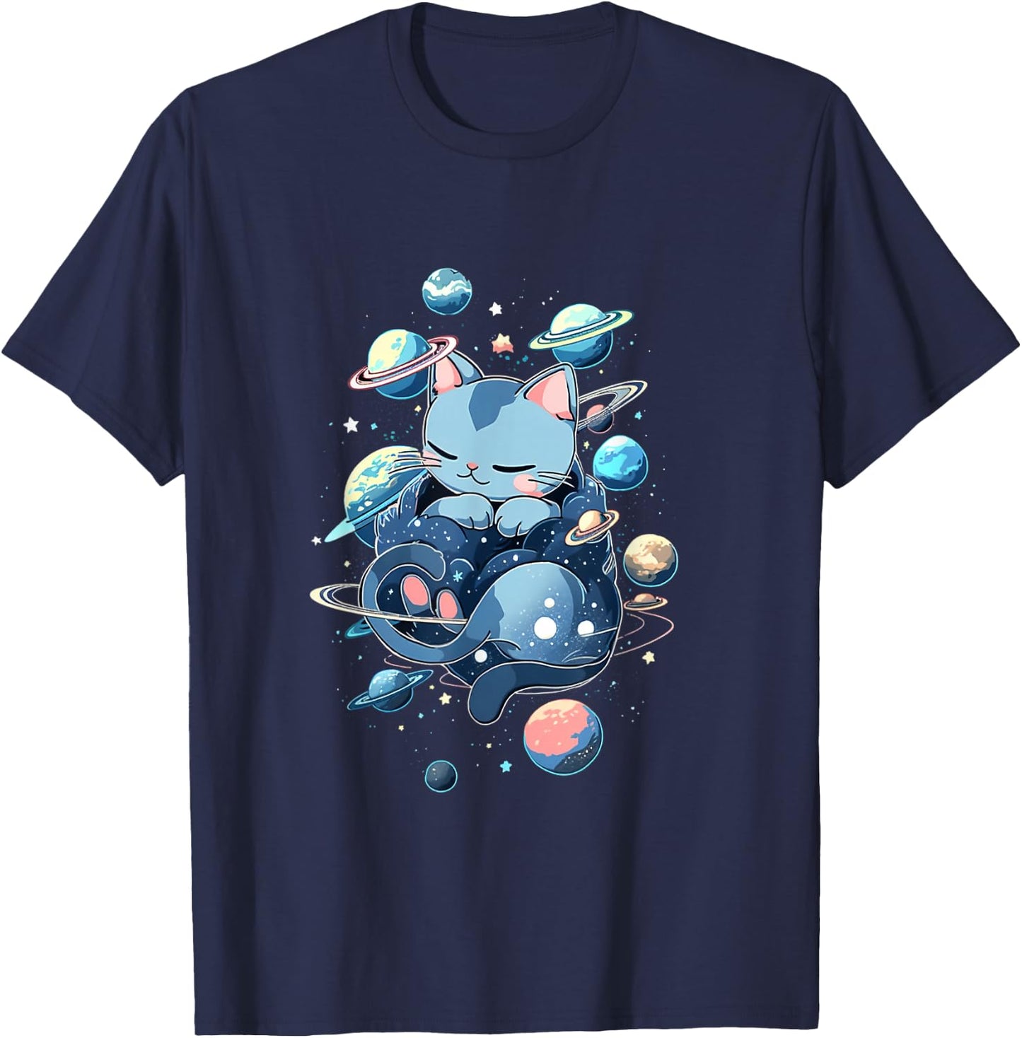 Space Cat - Kitty and Planets in Space T-Shirt - T-Shirt | Navy