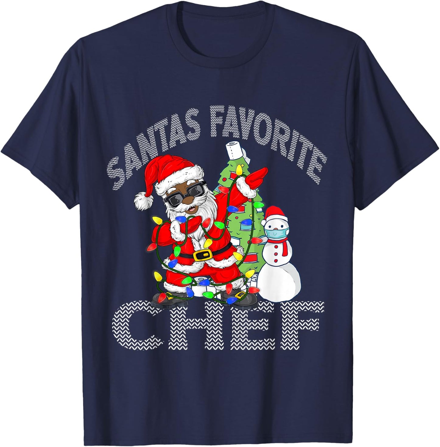 Black African American Santa Favorite Chef Ugly Christmas T-Shirt - T-Shirt | Navy
