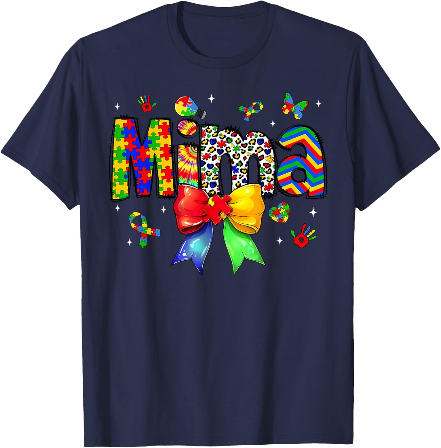 Mima Autism Awareness Day Puzzle Coquette Bow Matching T-Shirt - T-Shirt | Navy