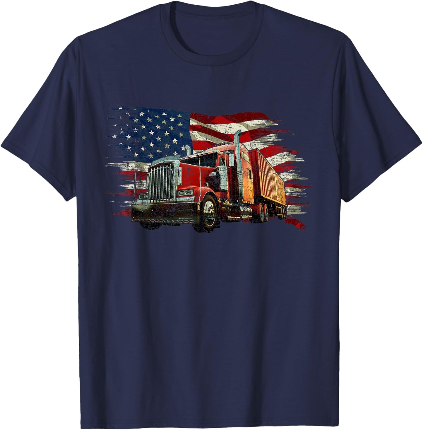 Retro Vintage Semi Truck Driver 18 Wheeler Trucker USA Flag T-Shirt - T-Shirt | Navy
