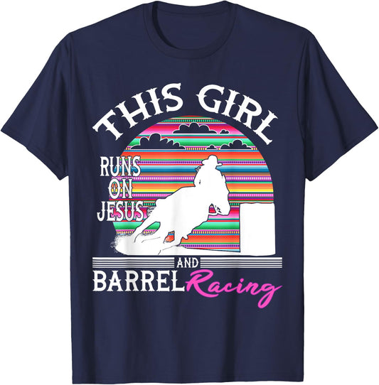Serape Horse Barrel Racing This Girl runs on Jesus Rodeo T-Shirt - T-Shirt | Navy