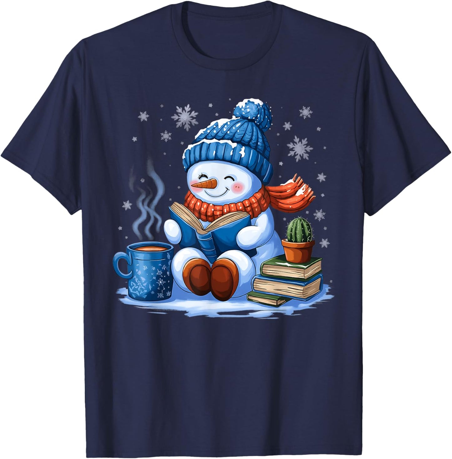 Snowman Reading Book Lovers Christmas Bookworm Librarian T-Shirt - T-Shirt | Navy