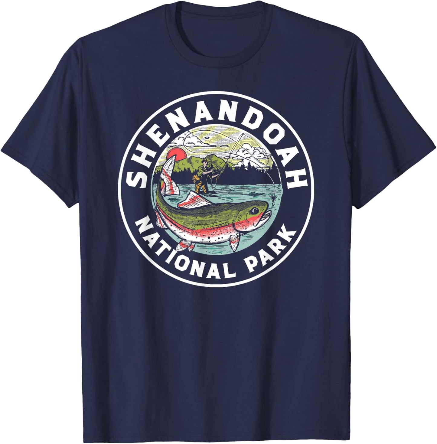 Shenandoah Fly Fishing Artistic Trout Fisherman Graphic T-Shirt - T-Shirt | Navy