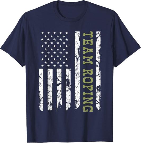 Team Roping Rodeo Vintage American Flag, 4th of July Cowboy T-Shirt - T-Shirt | Navy