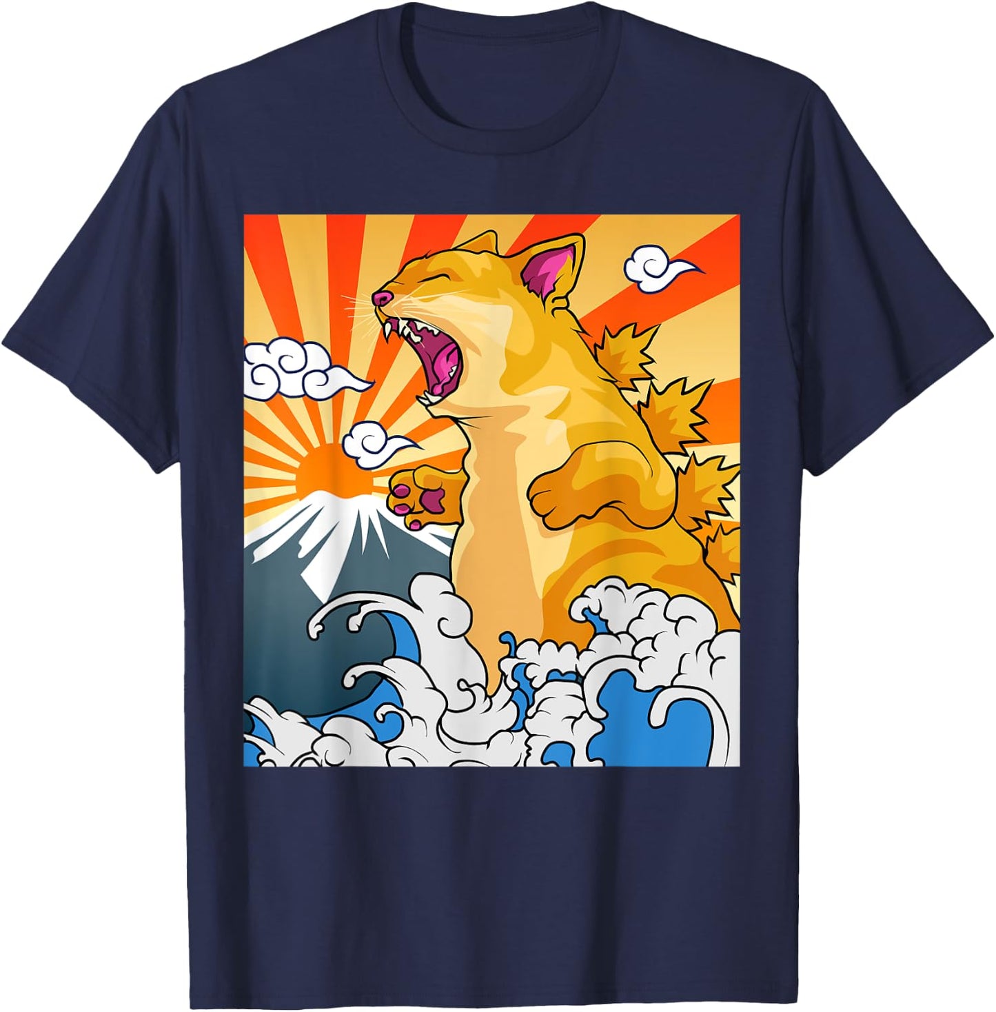 Catzilla Vintage Kawaii Cute Cat Art Japanese Sunset T-Shirt - T-Shirt | Navy