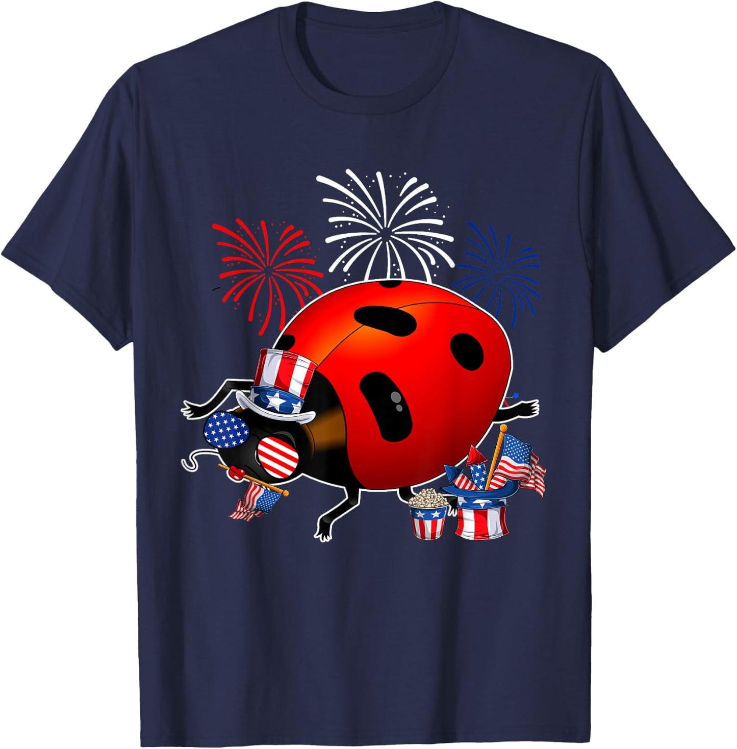 Ladybug Holding American Flag Sunglasses Happy 4th Of July T-Shirt - T-Shirt | Navy