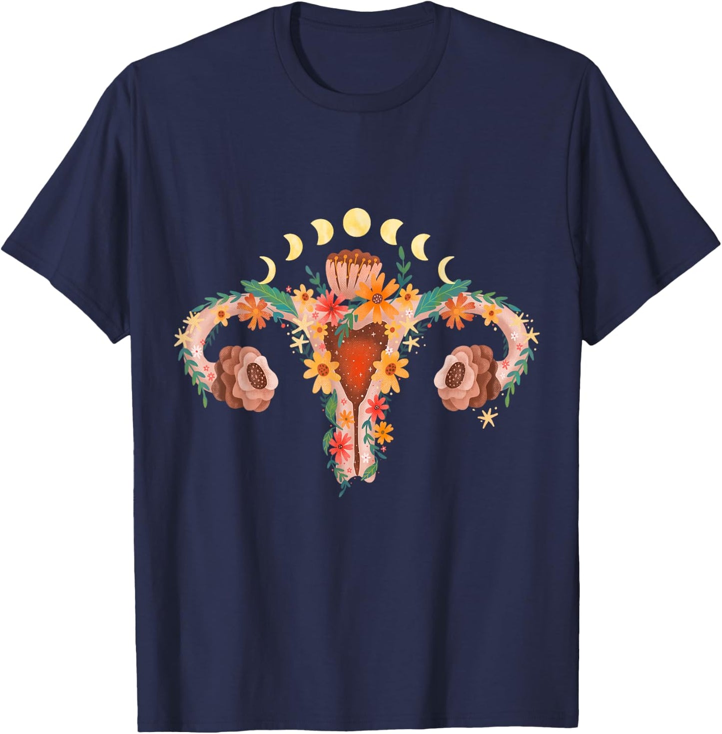 Uterus with Flowers and Moon Phases Retro Vagina T-Shirt - T-Shirt | Navy