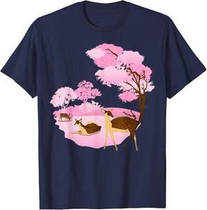Japanese Landmark Nara Park Pink Deer T-Shirt - T-Shirt | Navy
