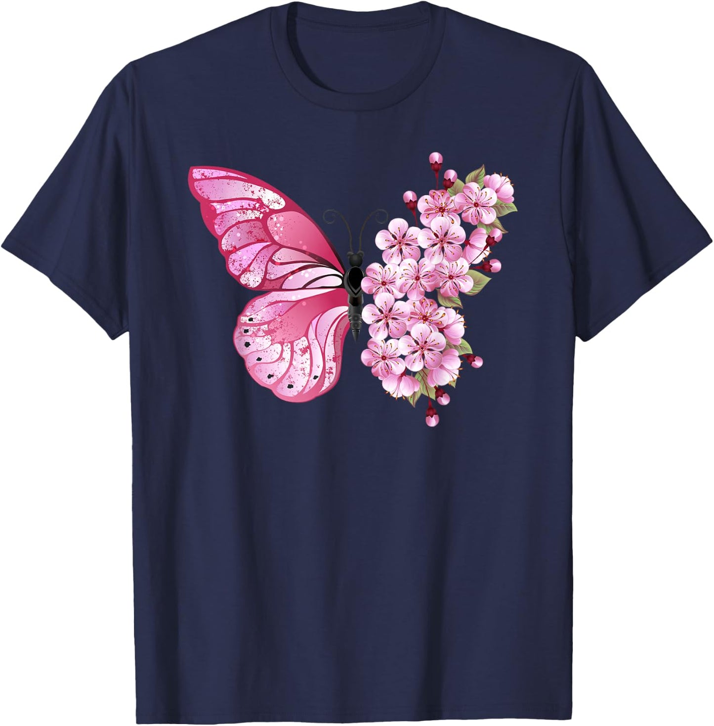 Beautiful Butterfly Flower Mix - Pink Japanese Cherry T-Shirt - T-Shirt | Navy