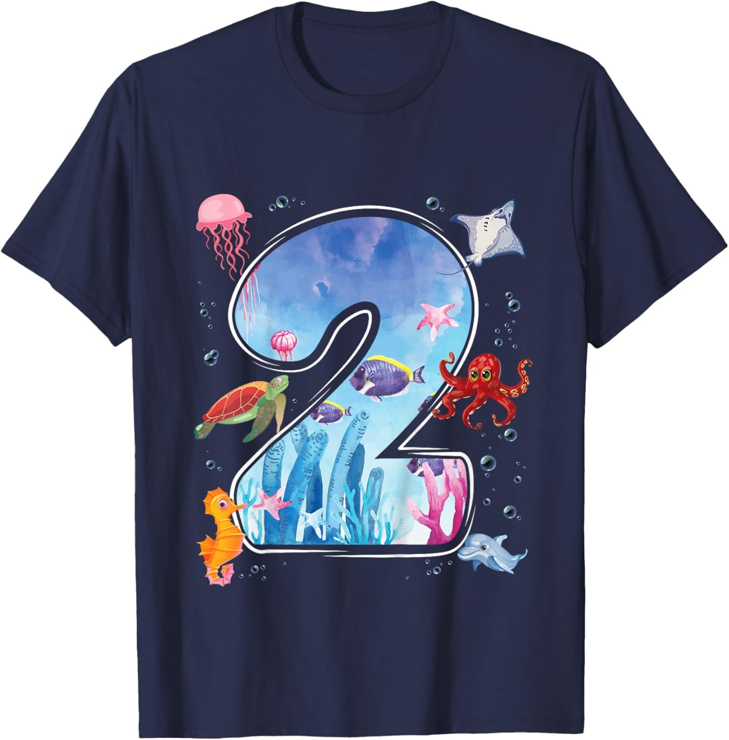 Kids 2nd Birthday Party Ocean 2 Year Old Sea Fish Aquarium Boy T-Shirt - T-Shirt | Navy
