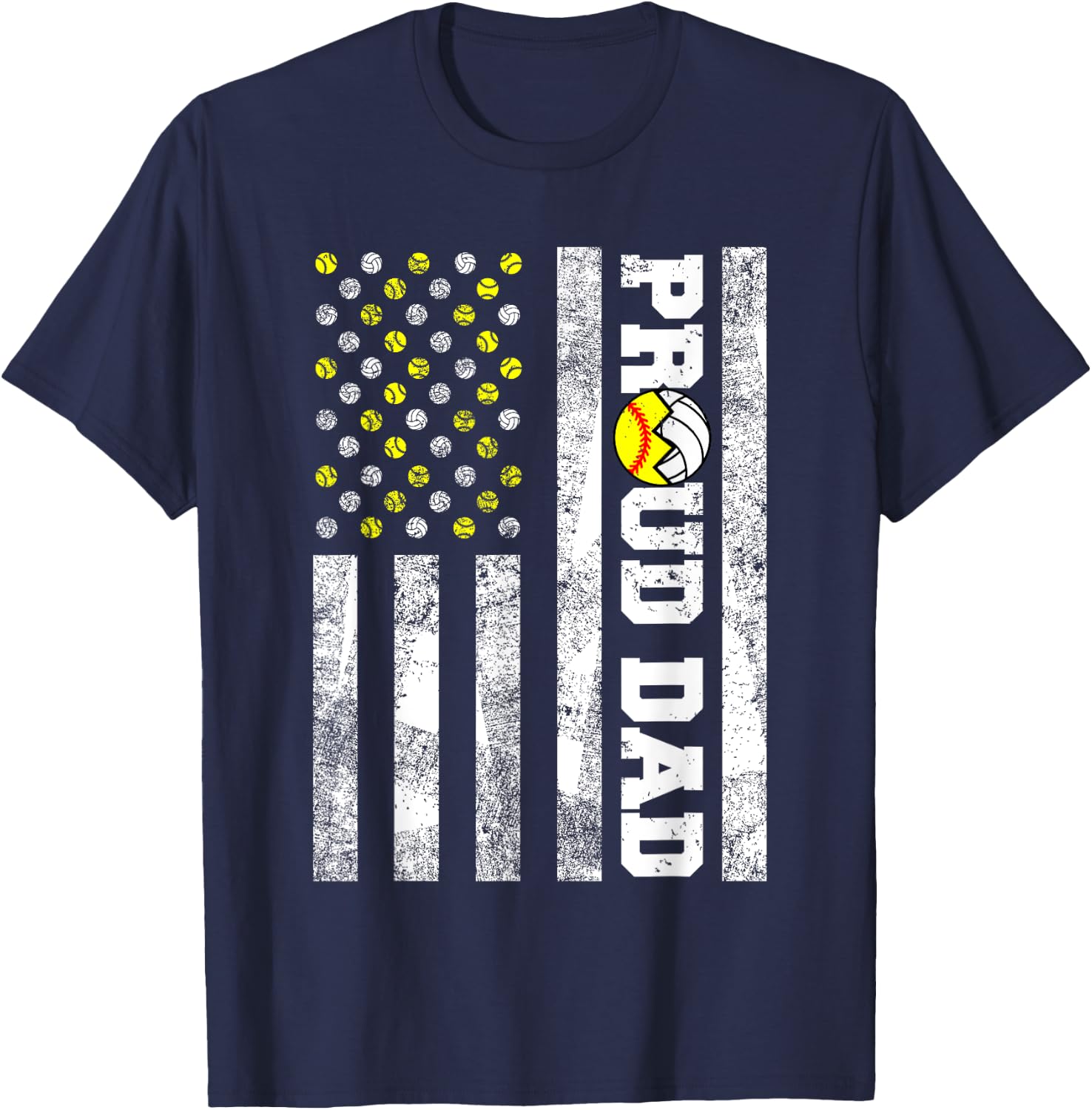 Proud Dad American Flag Funny Softball Volleyball Dad Men T-Shirt - T-Shirt | Navy