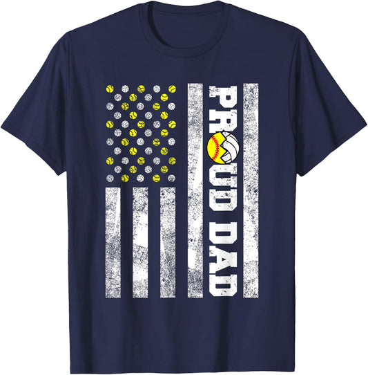 Proud Dad American Flag Funny Softball Volleyball Dad Men T-Shirt - T-Shirt | Navy