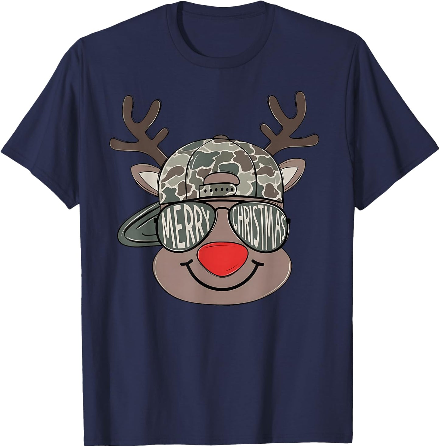 Boy Reindeer Hat Camo Hat Merry Christmas Xmas Boys Kids T-Shirt - T-Shirt | Navy