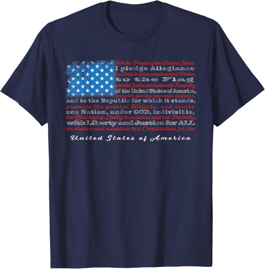 US Flag with Constitution Preamble and Pledge of Allegiance T-Shirt - T-Shirt | Navy