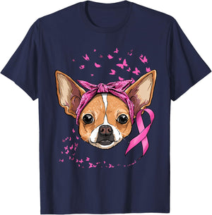 Breast Cancer Awareness Chihuahua Pink Ribbon Survivor Dog T-Shirt - T-Shirt | Navy