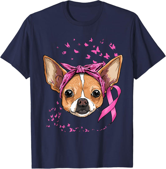 Breast Cancer Awareness Chihuahua Pink Ribbon Survivor Dog T-Shirt - T-Shirt | Navy