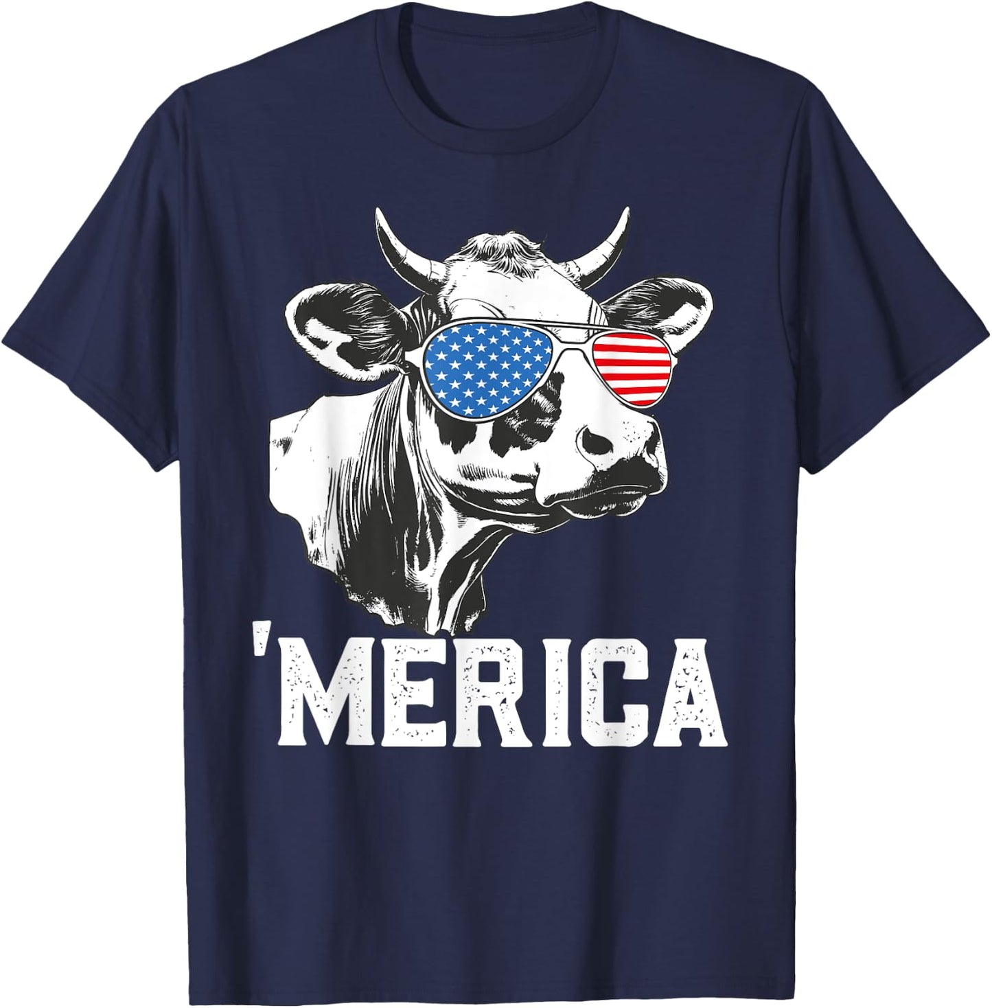 Merica Funny Cow American Flag Sunglasses Patriotic July 4th T-Shirt - T-Shirt | Navy