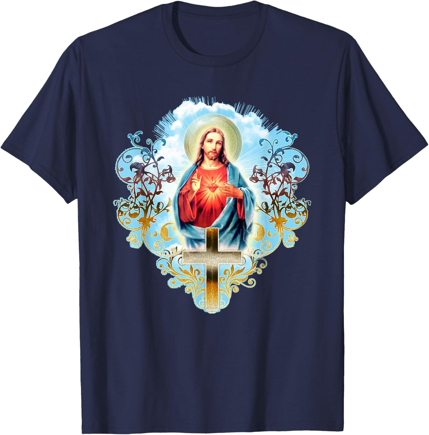 Heart Jesus Christ Vintage Cross Catholic Gifts T-Shirt - T-Shirt | Navy