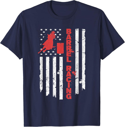 USA Barrel Racer Rodeo American Flag Barrel Racing T-Shirt - T-Shirt | Navy