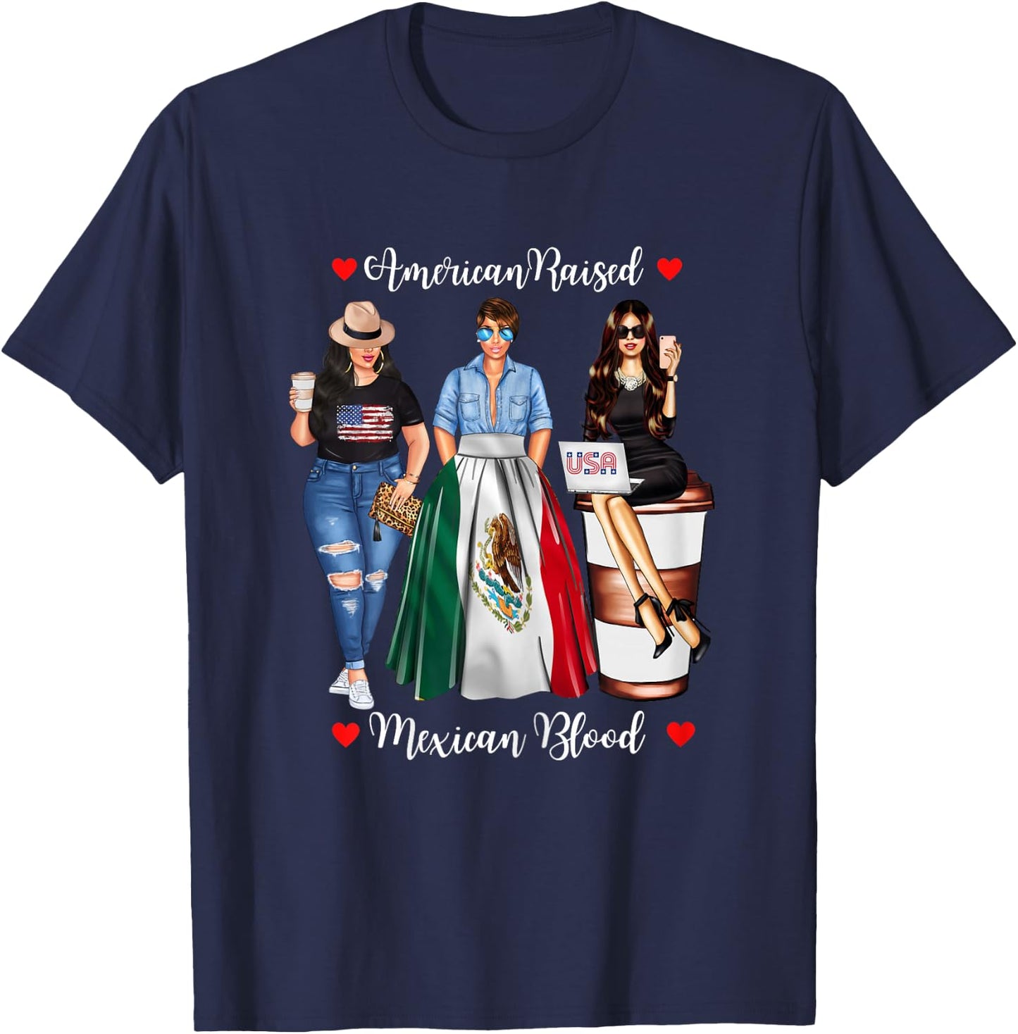 American Raised Mexican Blood USA Flag Patriotic Mexico Flag T-Shirt - T-Shirt | Navy