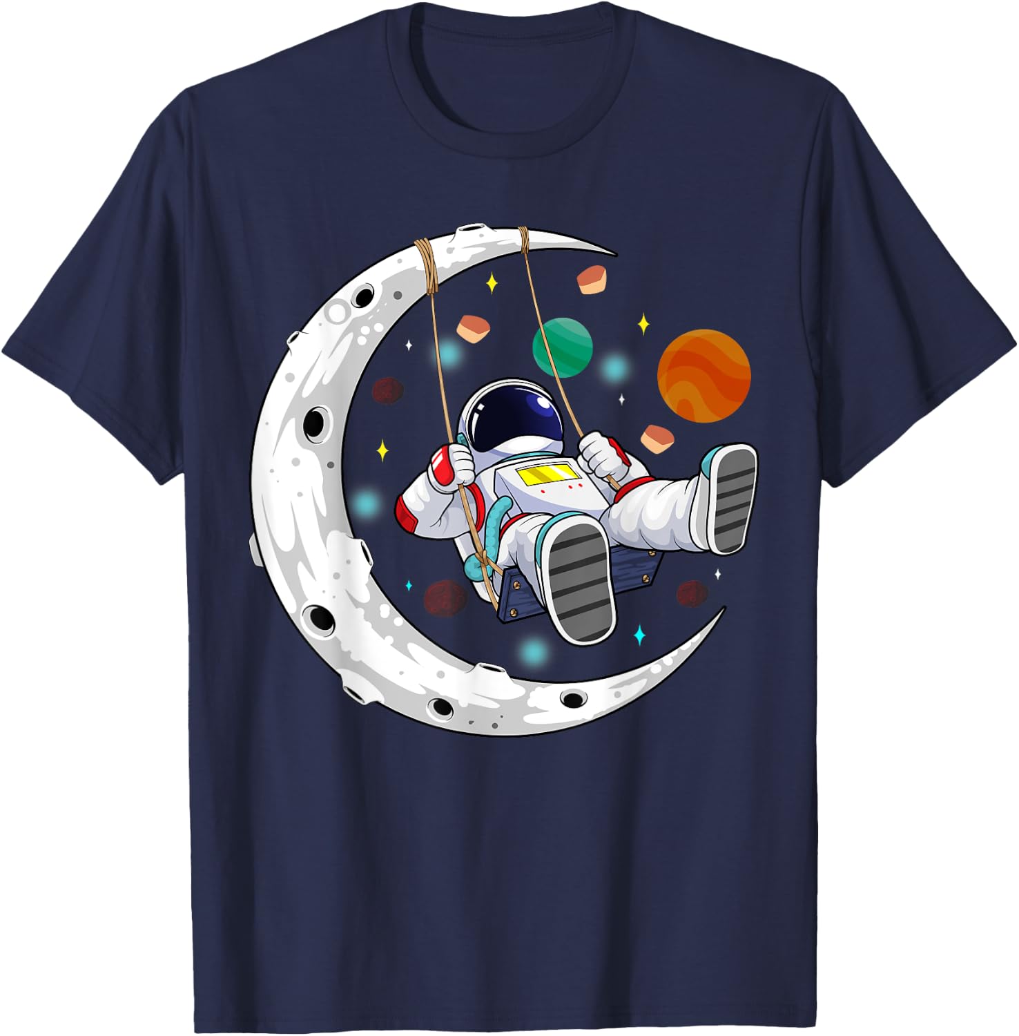 Moon Swing Astronaut Stars Space Man Galaxy Funny Astronomy T-Shirt - T-Shirt | Navy