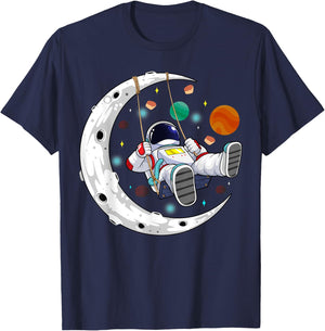 Moon Swing Astronaut Stars Space Man Galaxy Funny Astronomy T-Shirt - T-Shirt | Navy