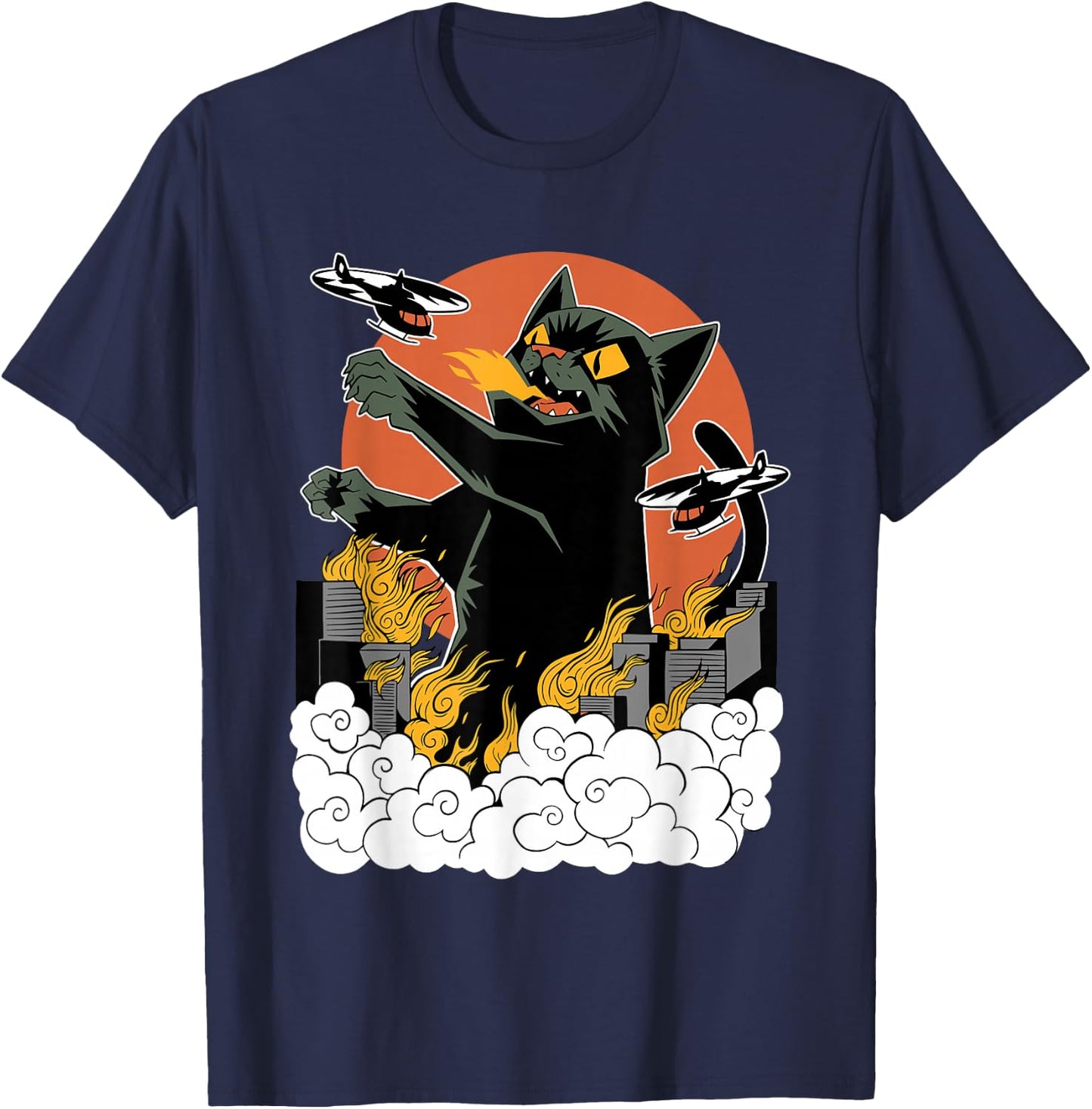 Black Japanese Catzilla Sunset - Classic Fit, , Cotton & Polyester Blend T-Shirt - T-Shirt | Navy