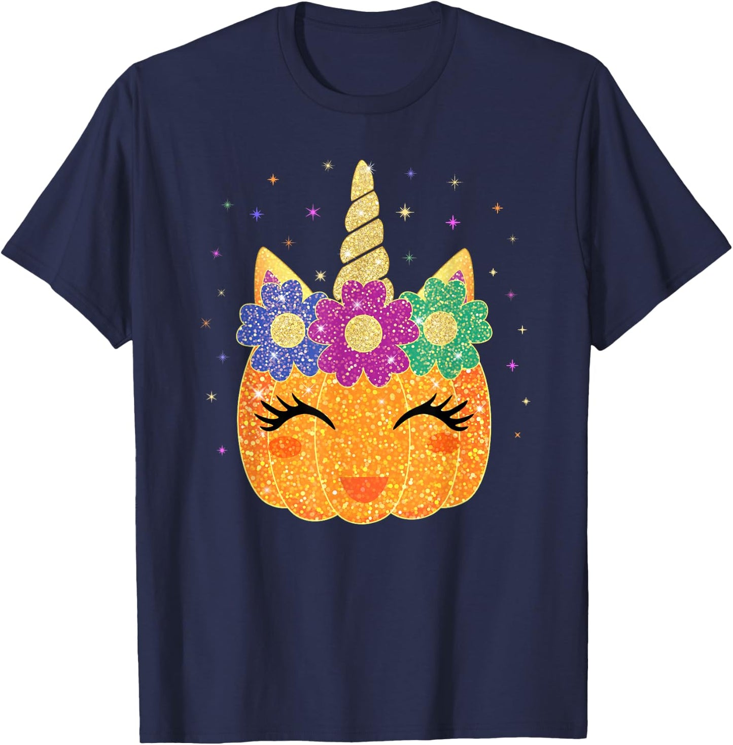 Unicorn Pumpkin Halloween Thanksgiving Girls Kids T-Shirt - T-Shirt | Navy