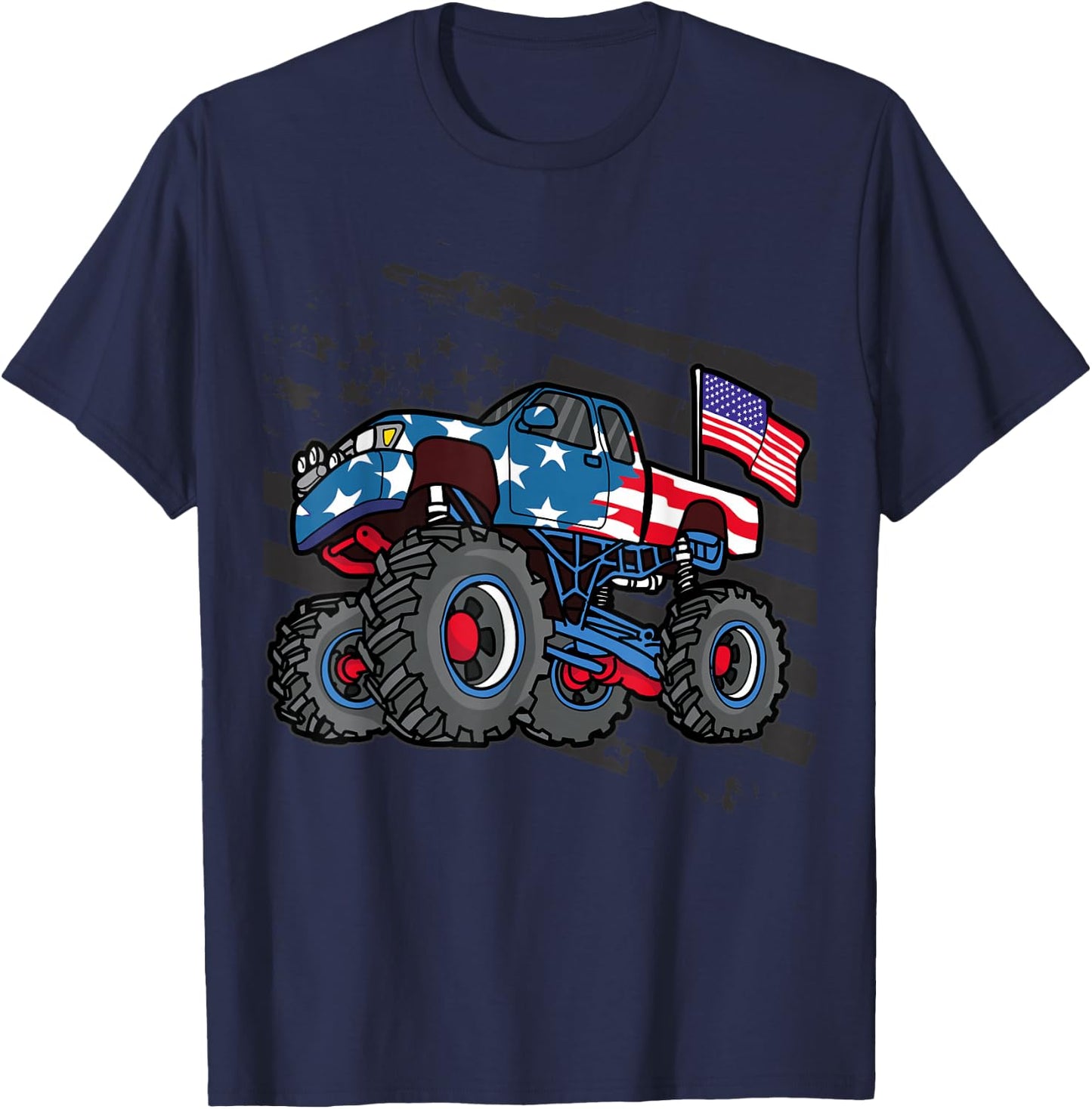 American Flag Trucker- Men Women Boys Monster Truck Racing T-Shirt - T-Shirt | Navy