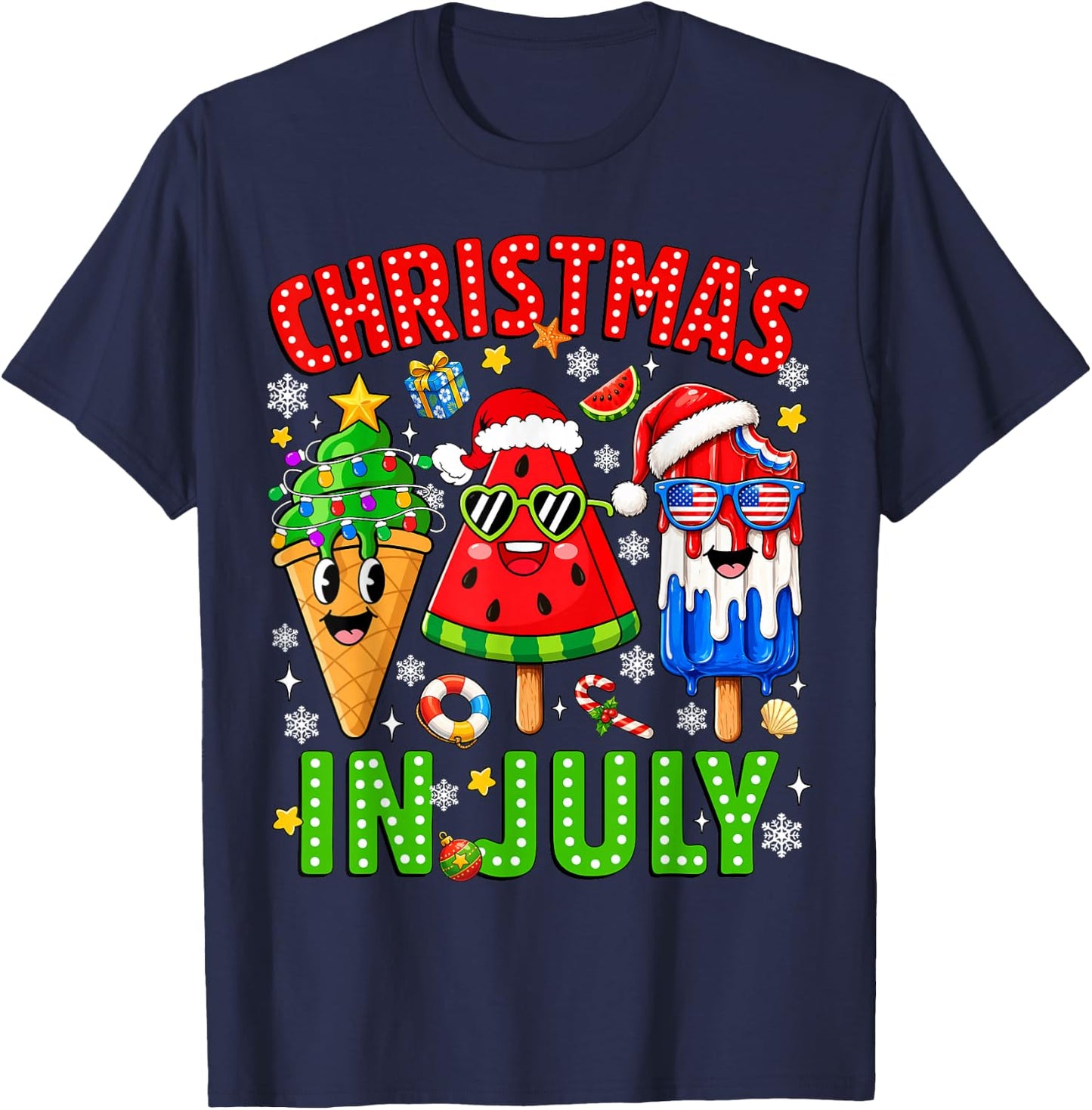 Christmas in July Ice Pops Watermelon Xmas Santa Hat Kids T-Shirt - T-Shirt | Navy
